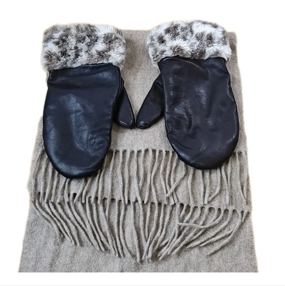 Lands End Cashmere Cuffs Leather Gloves Mittens Size Sm Med Fringed Scarf Beige